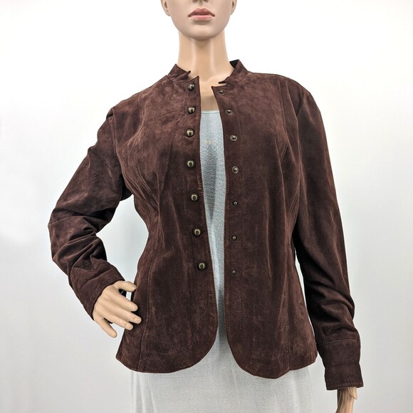 Vintage y2k Live a Little Suede Military Jacket Brown Button Front Leather L - Picture 2 of 13